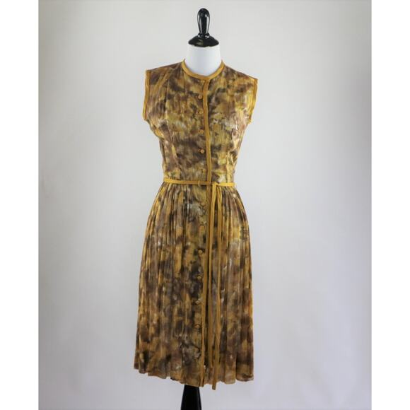 1960s Mustard Yellow and Brown Printed Cotton Day Dress Small - Picture 3 of 9